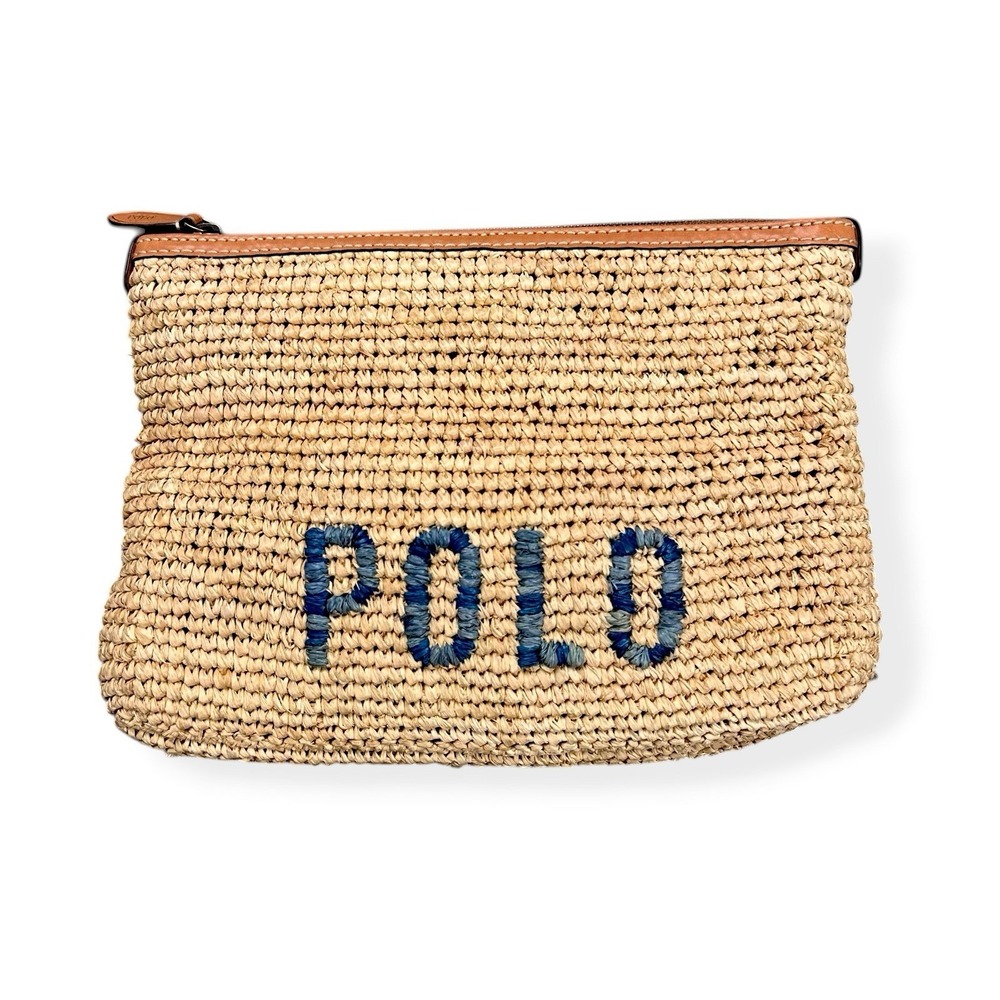 NEW Polo Ralph Lauren Natural Raffia Cow Leather Pouch Wallet Clutch Small Zip - Picture 2 of 13